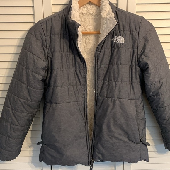 The North Face Girls Reversible Mossbud Swirl Jacket M (10/12) Heather Grey Coat - Picture 8 of 16